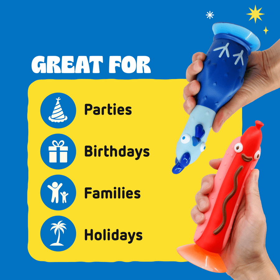 Graphic featuring two hands holding the toy. The left side has a yellow panel with the text 'GREAT FOR' and icons for Parties, Birthdays, Families, and Holidays.