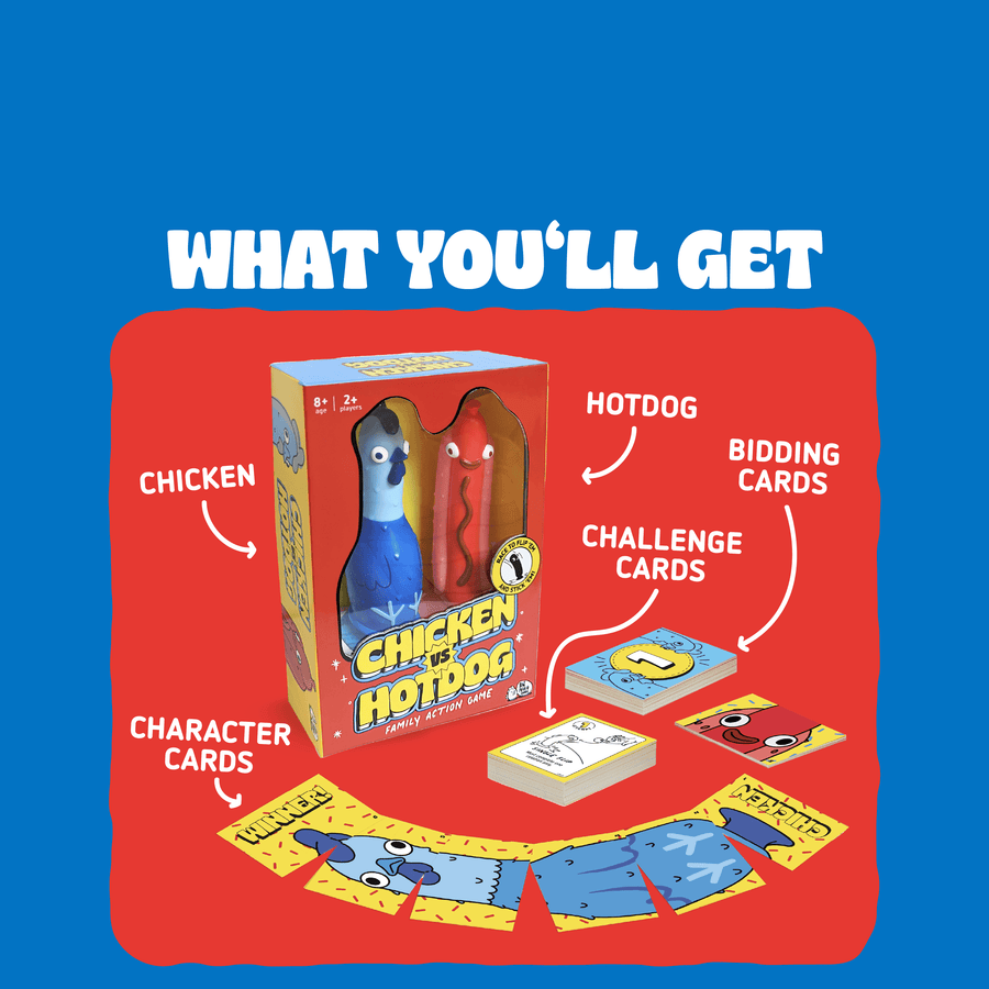 Graphic showing components for Chicken vs Hotdog like the chicken figure, hotdog figure, bidding cards, challenge cards, and character cards.