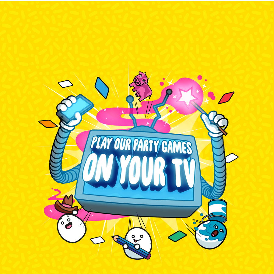 TV with potatoes an cow around it with long arms and "Play our party games on your TV" on it