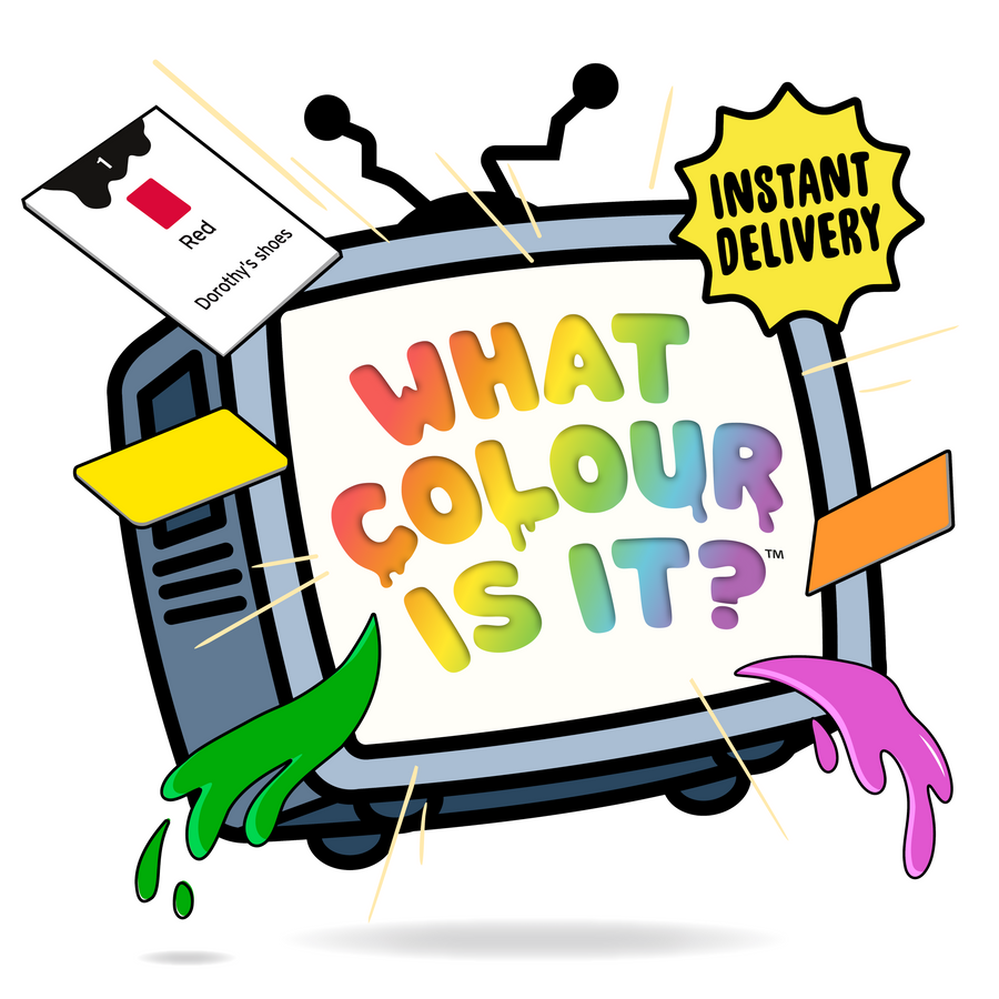 A colorful cartoon-style graphic with a retro television showing the text 'WHAT COLOUR IS IT?' in rainbow letters, plus a yellow burst that says 'INSTANT DELIVERY' and paint-splatter accents in green, pink, orange, and yellow on a white background.