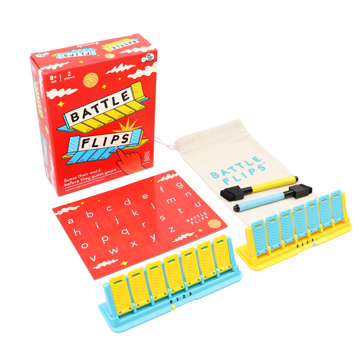 Battle Flips box with the contents laid out next to it. 1 letter board, 2 pens, 2 stands for letters and a carry bag.