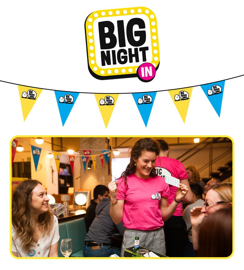 Banner for Big Potato's Big Night In featuring a woman with brown hair holding a game card in front of other people