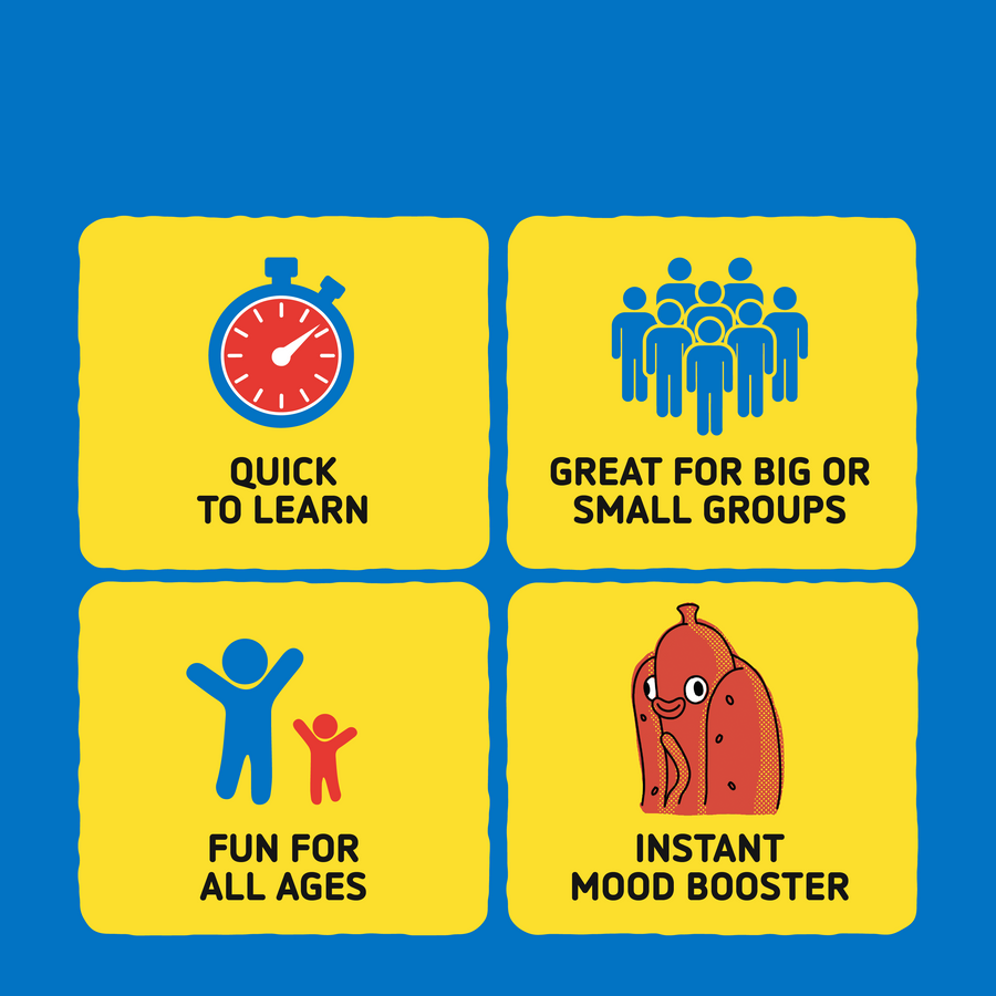 A blue and yellow graphic highlighting key features of the game: quick to learn, great for big or small groups, fun for all ages and instant mood booster.