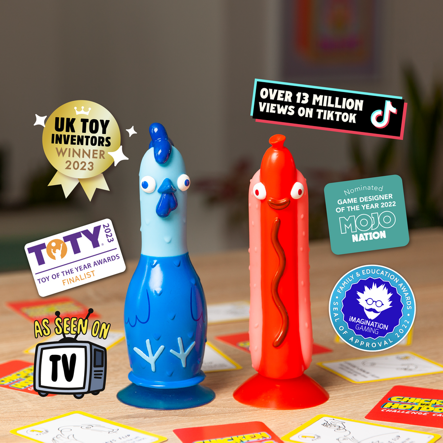 Chicken and Hotdog sling ems on a table. Flashes on the image highlight: UK toy inventors winner 2023, over 13 million views on tiktok and "as seen on TV".