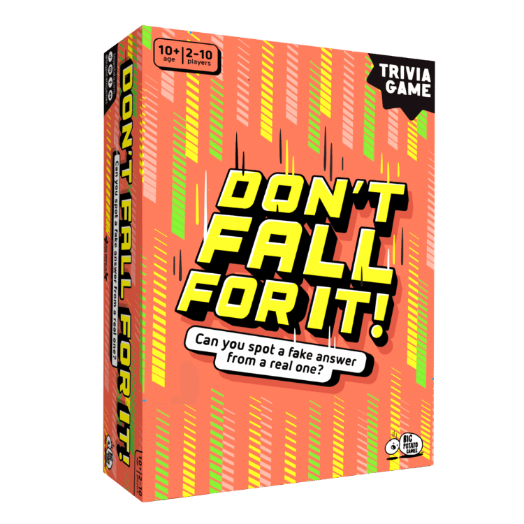 'Don't Fall For It!' box, featuring a bright orange cover with bold yellow title text, black outlines, and vertical multicolor striped accents in green, yellow, and white.