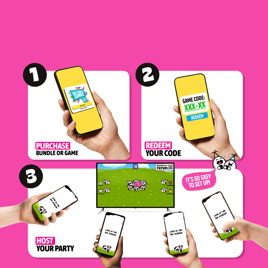Step 1 - Purchase Game, Step 2 - Redeem code, Step 3 host your party