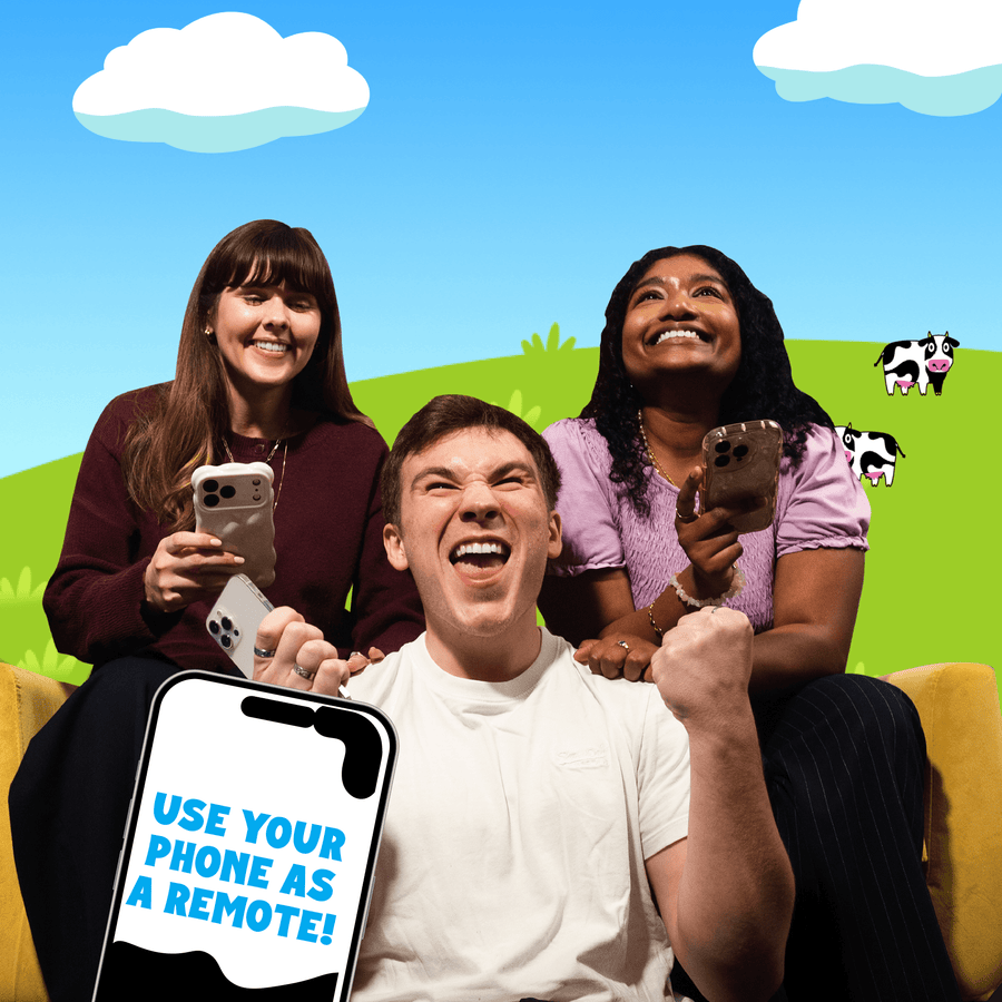 Three People with phones looking excited and phone on screen saying use your phone as a remote
