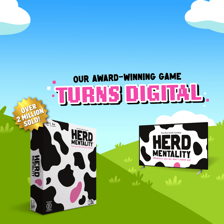 Herd Mentality Box and the Herd Mentality logo on a tv screen with the text " Our award winning game turns digital"