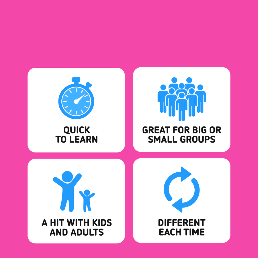 Quick to learn, Great for big or small groups, a hit with kids and adults and different each time