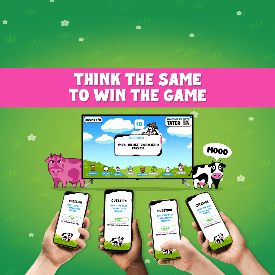 "Think the same to win the game" text on screen and 4 phones and a tv screen. A Pink cow and also a black and white cow next to the tv screen