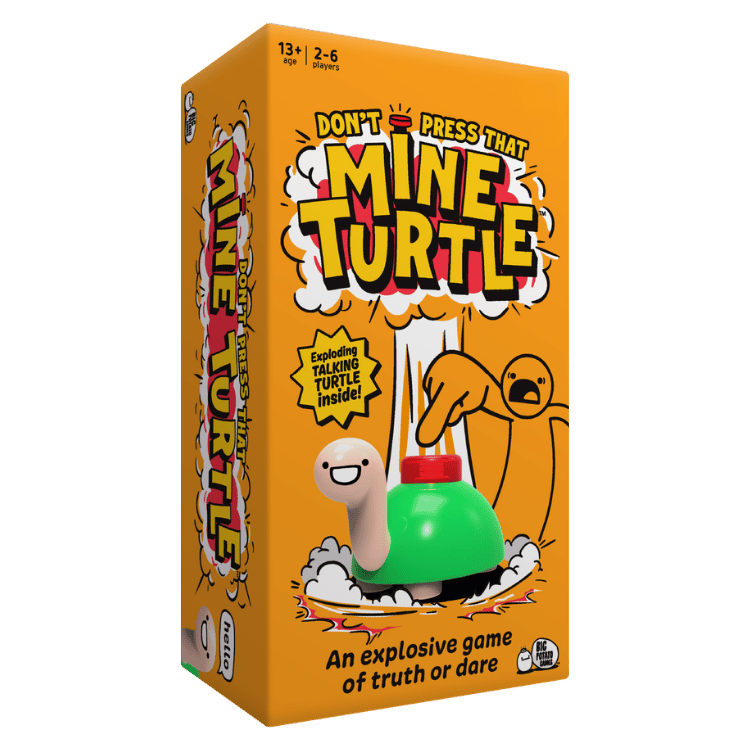 The game box for 'Don't Press That Mine Turtle' in a bright orange with bold comic-style text and illustrations of a green turtle with a red button on a plate, along with a hand about to press it.