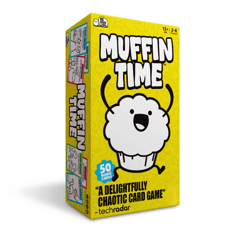 Muffin Time packshot, bright yellow with a large white muffin character and black text.