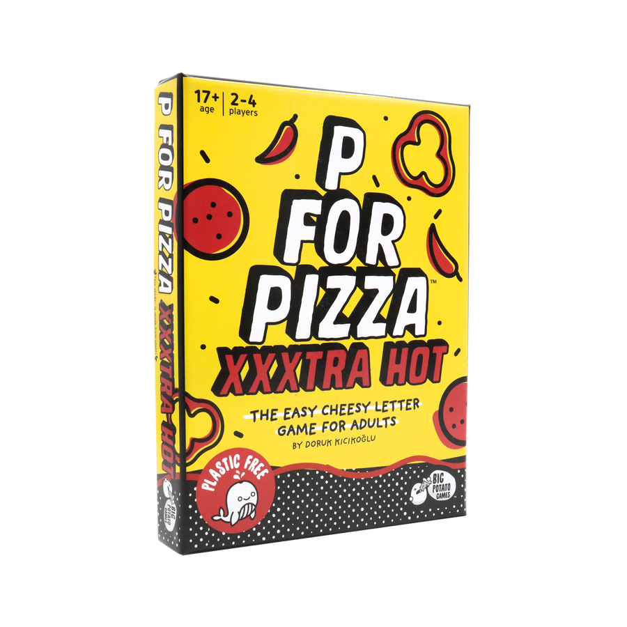 'P For Pizza XXXtra Hot' packshot, featuring a bright yellow cover with bold white and red text, illustrated with pepperonis.