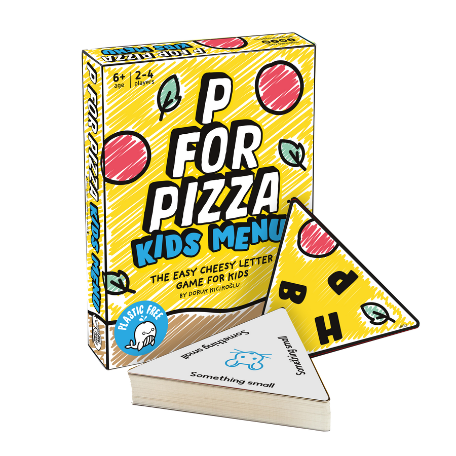'P for Pizza Kids Menu' packshot, featuring a bright yellow illustrated box, a triangular letter card, and a stack of small square cards.