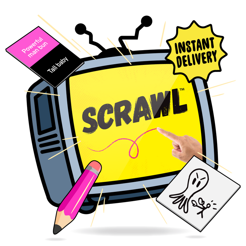 A stylized cartoon graphic featuring a television with the word "SCRAWL" on the screen, surrounded by playful elements including a yellow "INSTANT DELIVERY" burst.