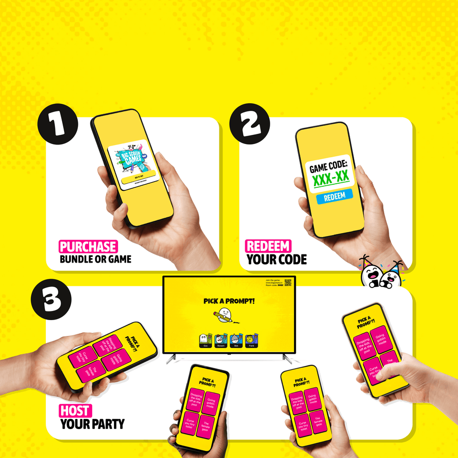 Step 1 - Purchase Game, Step 2 - Redeem code, Step 3 host your party