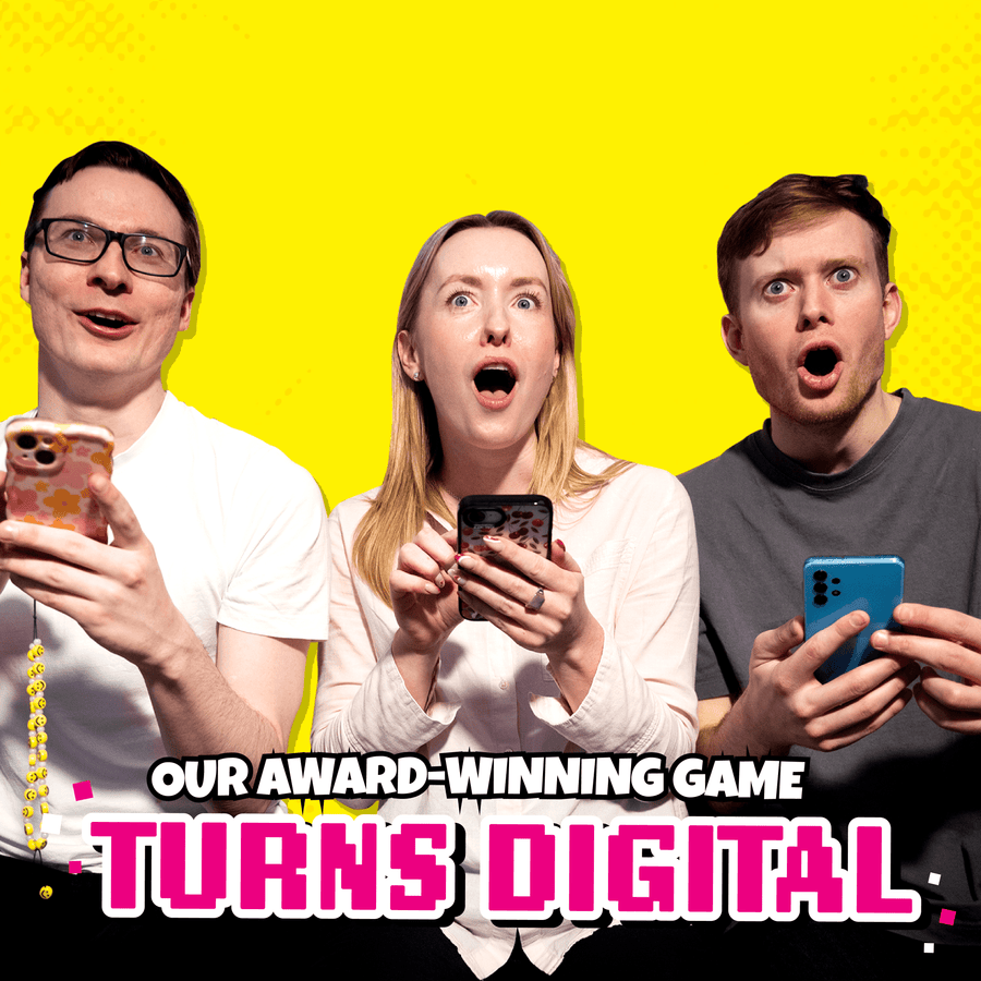 Three People with their phones in their hands looking impressed and the words " Our award winning game tuns digital" on it.