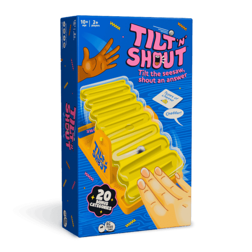 Tilt 'N Shout board game box in bright blue with pink title text and an illustration of a yellow accordion-like board with hands interacting with it.